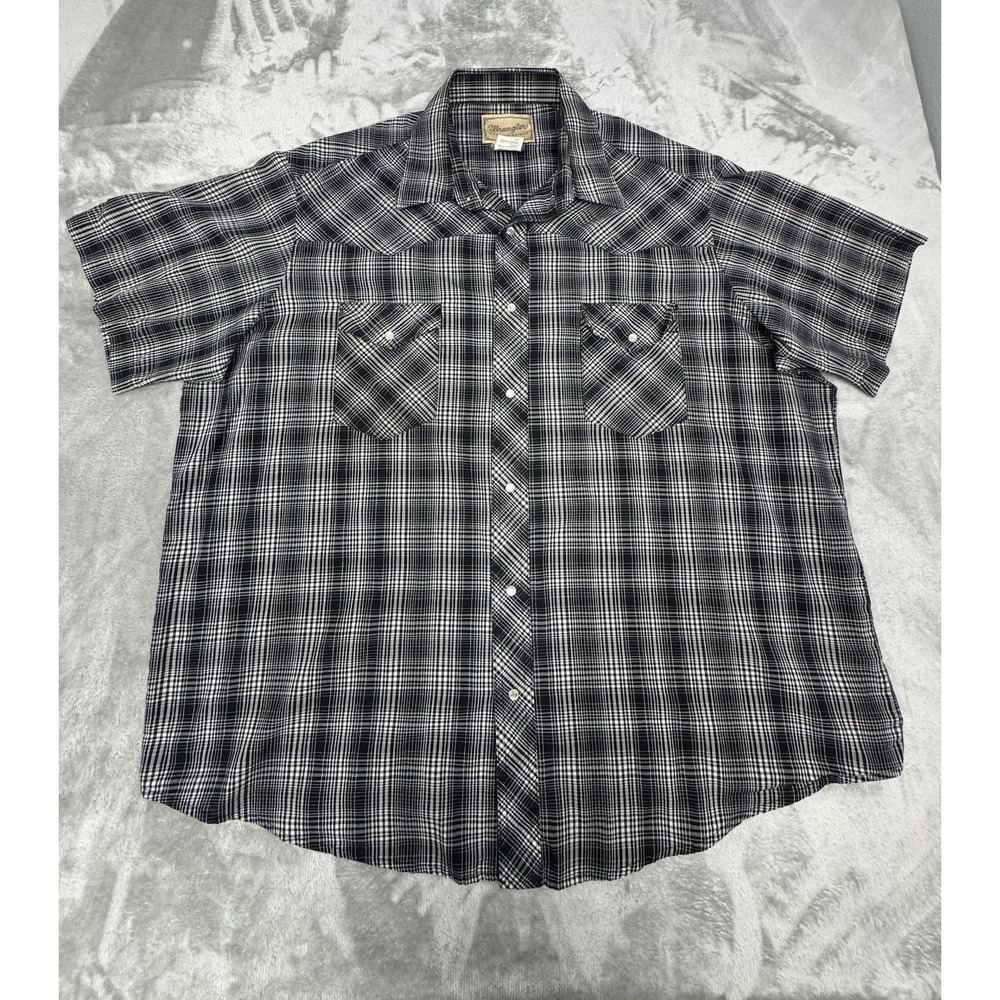 Vintage‎ Wrangler Pearl Snap Shirt Mens 2XL Plaid Check Black White Cowboy Rodeo